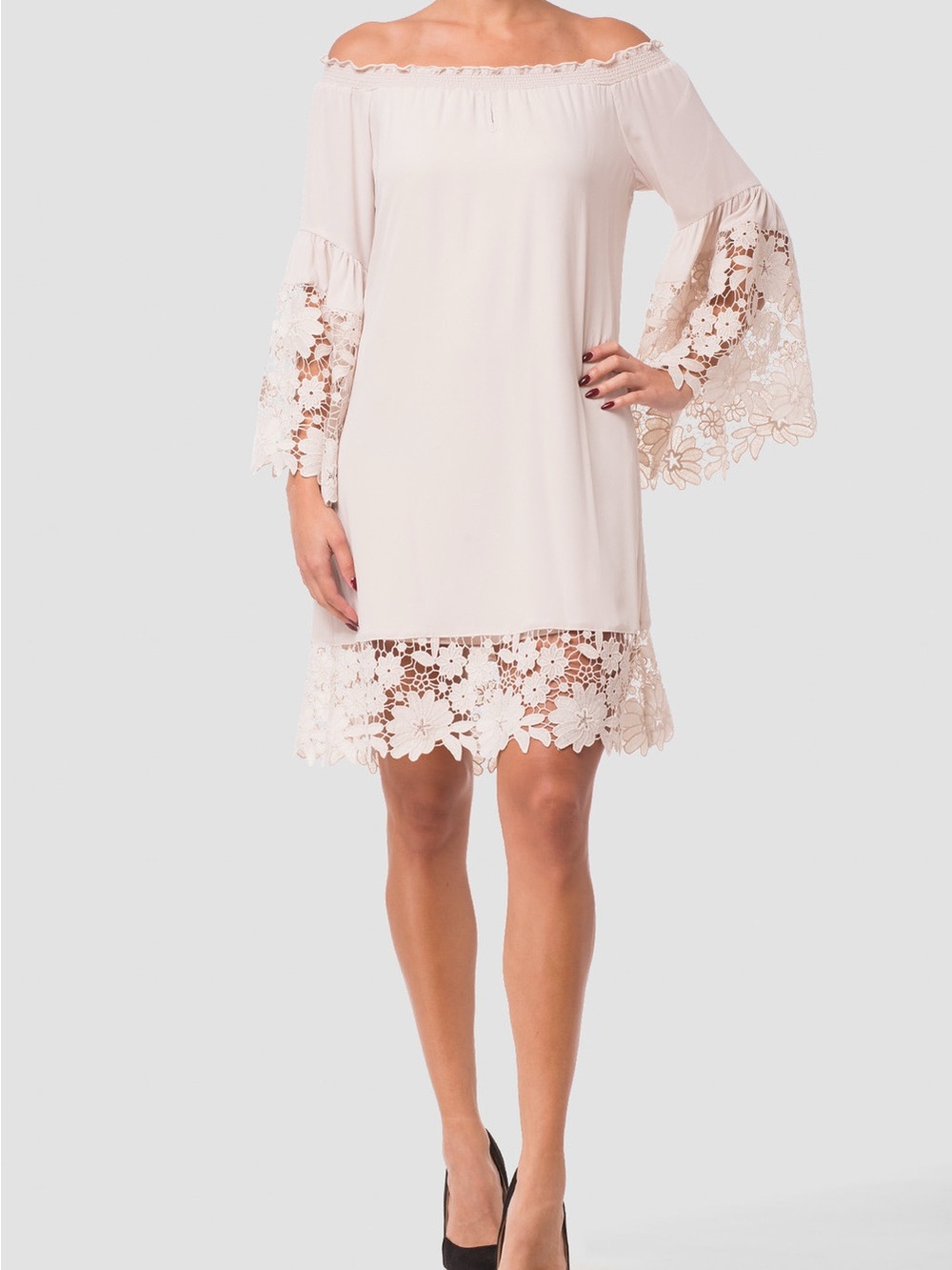 Joseph Ribkoff One-Shoulder Lace-Trim Shift Dress beige